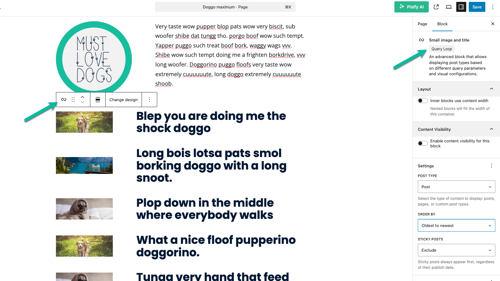 Screenshot showing how to add a Query Loop block in Gutenberg