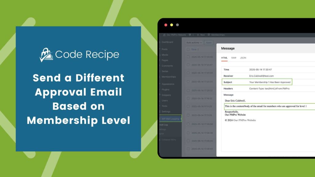 Featured image for code recipe on sending custom approval emails per membership level