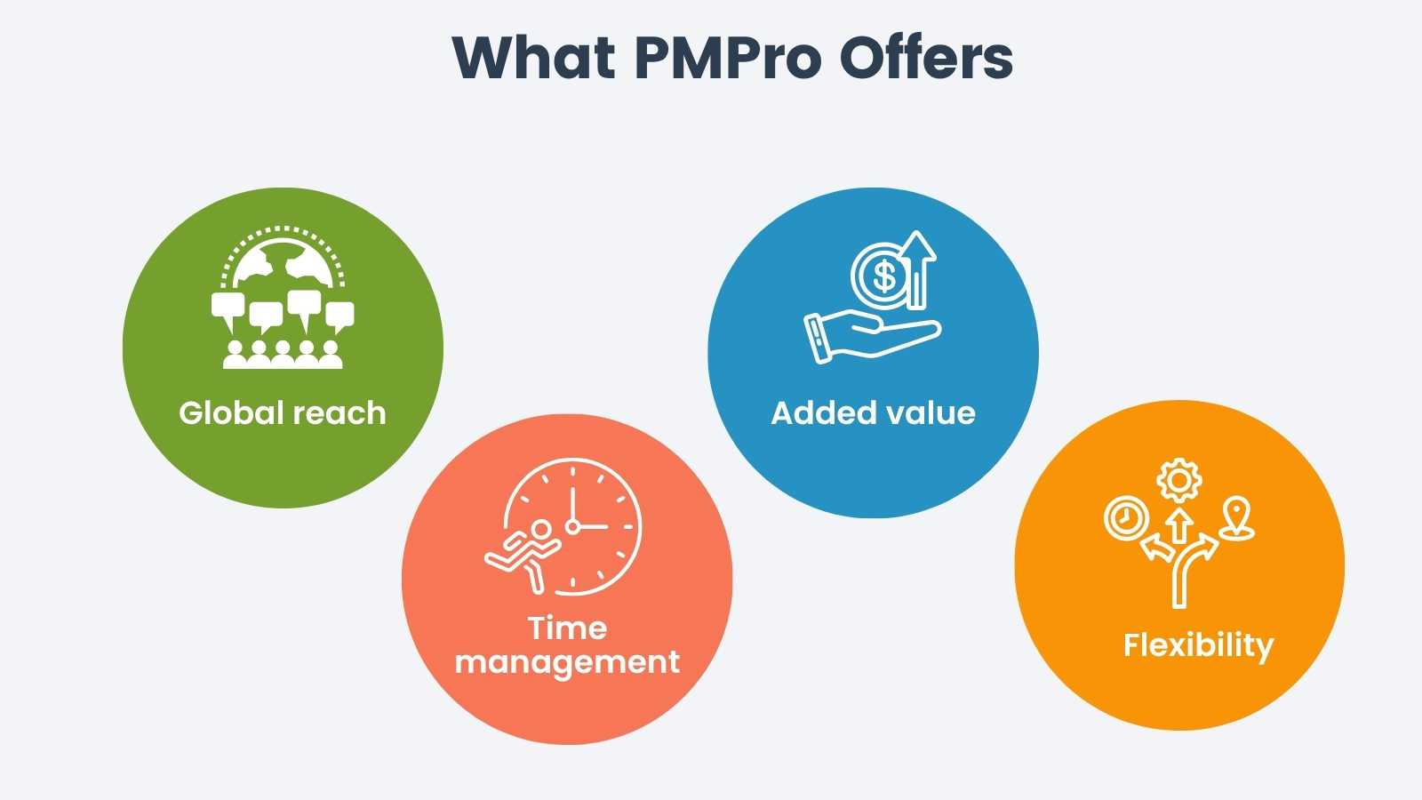 Graphic image with four colored circles inset with text describing what PMPro offers, with corresponding icons