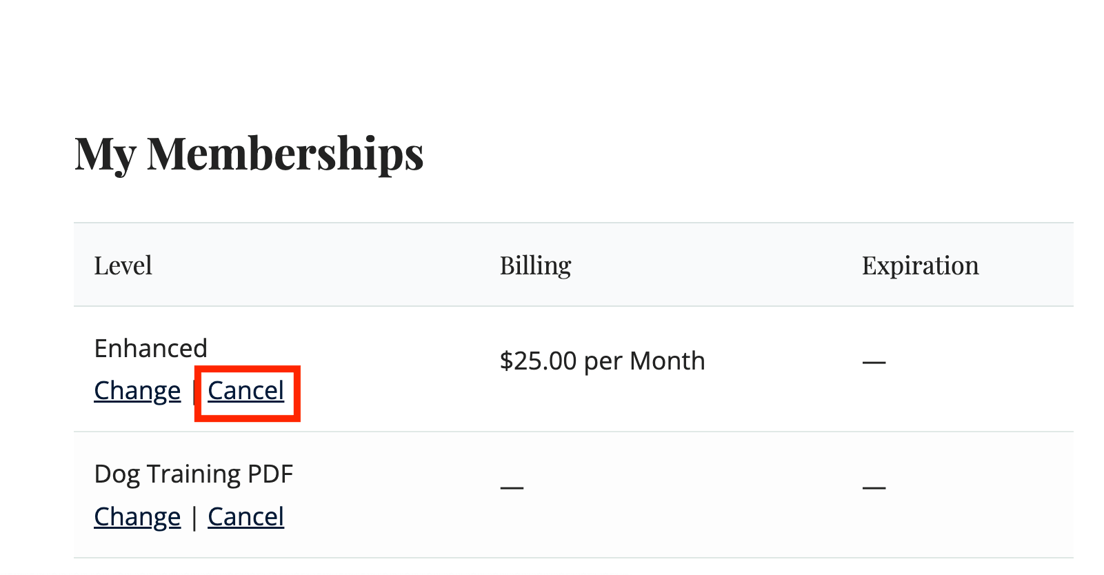 Screenshot of the frontend before the member cancels