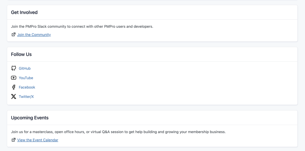 Screenshot of the PMPro Membership Dashboard in the WordPress admin showing the Get Involved Section