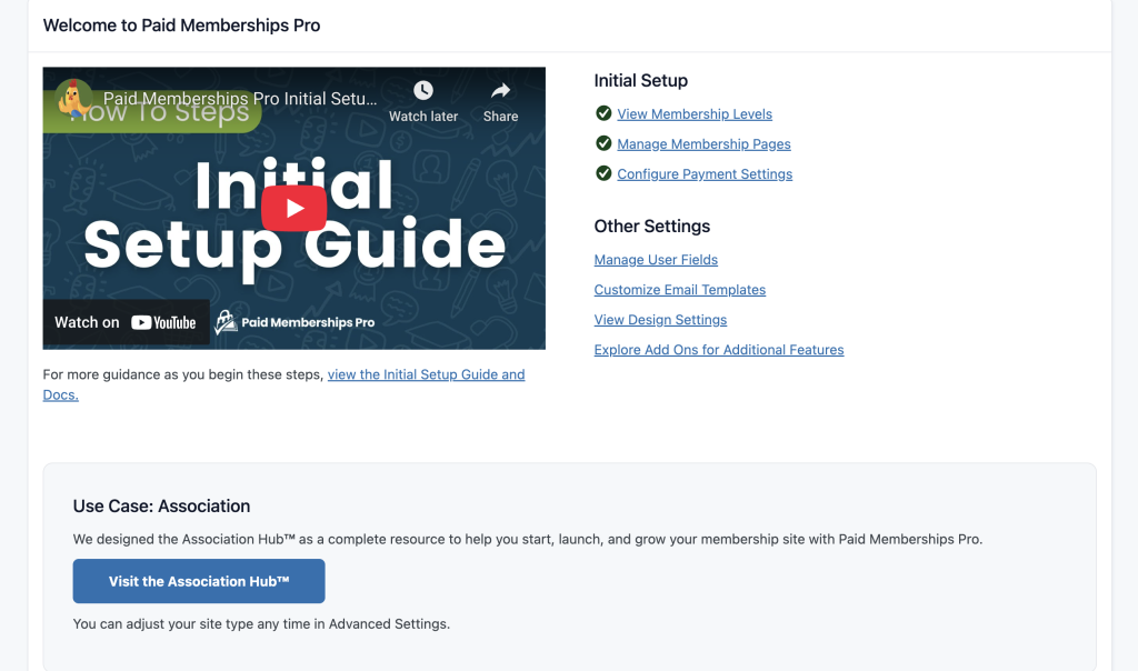 Screenshot of the PMPro Membership Dashboard in the WordPress admin showing the Initial Setup Section