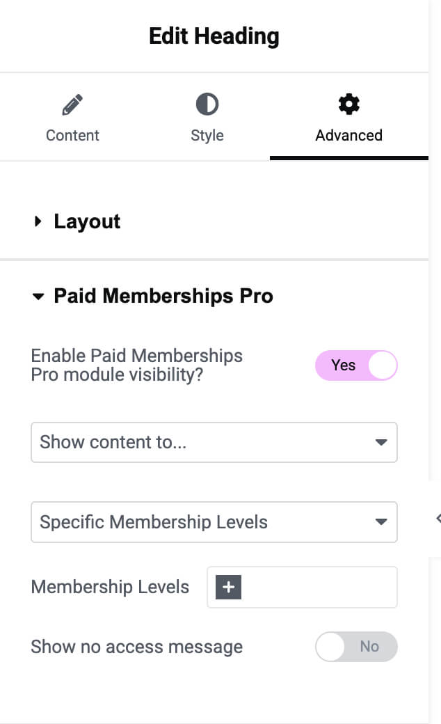Screenshot of the Advanced Settings in Elementor showing the Paid Memberships Pro content visibility settings