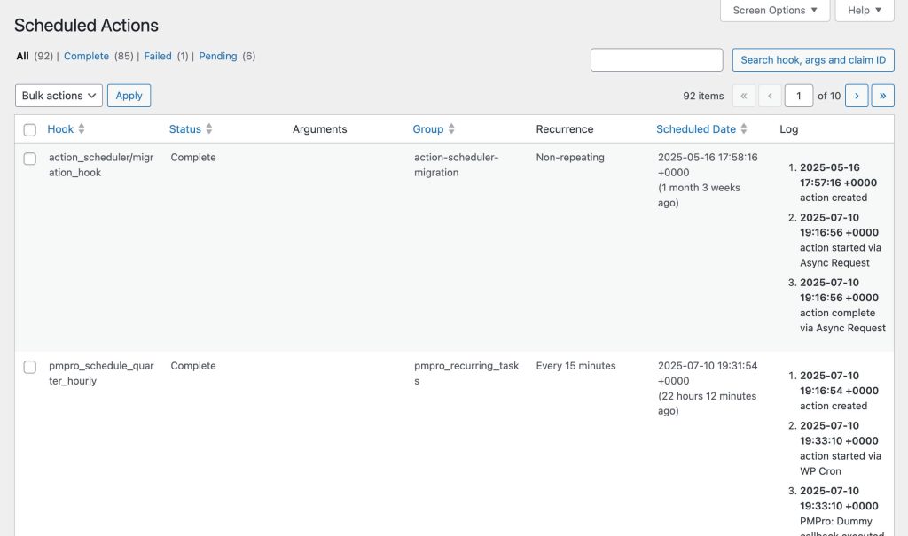 Screenshots of the Scheduled Action table in WordPress Tools