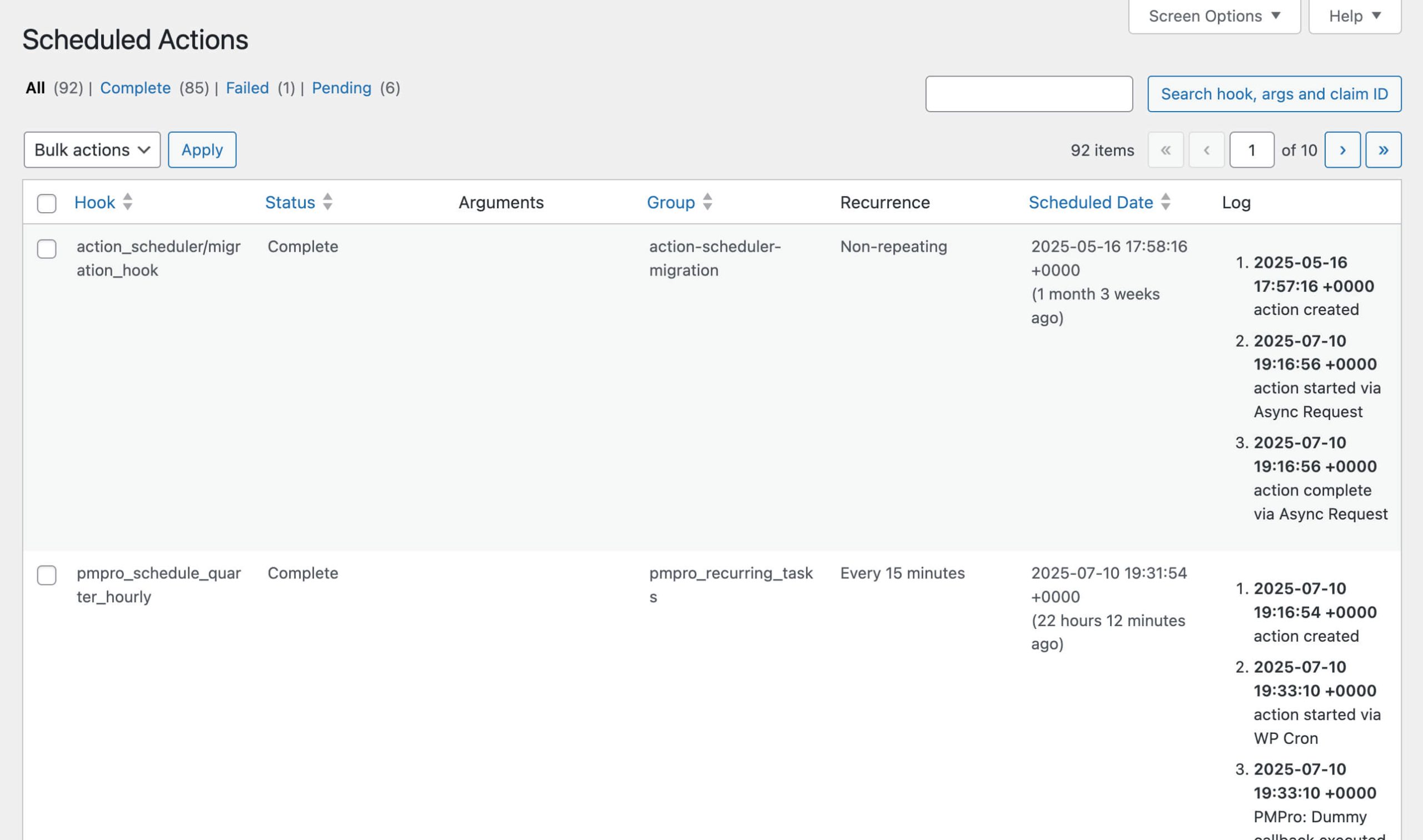 Screenshots of the Scheduled Action table in WordPress Tools
