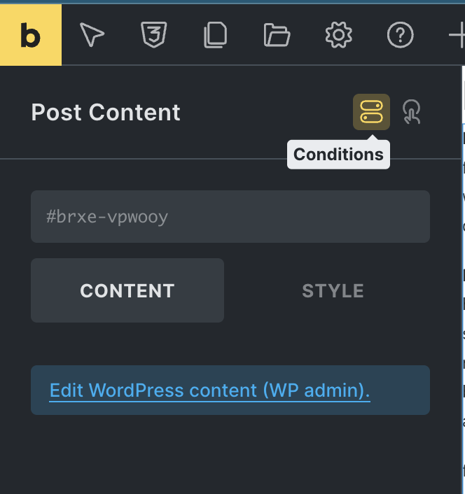 Screenshot of the Bricks Builder Editor highlighting the option to add conditions