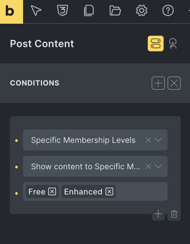 Screenshot of the Paid Memberships Pro Condition settings in Bricks Builder