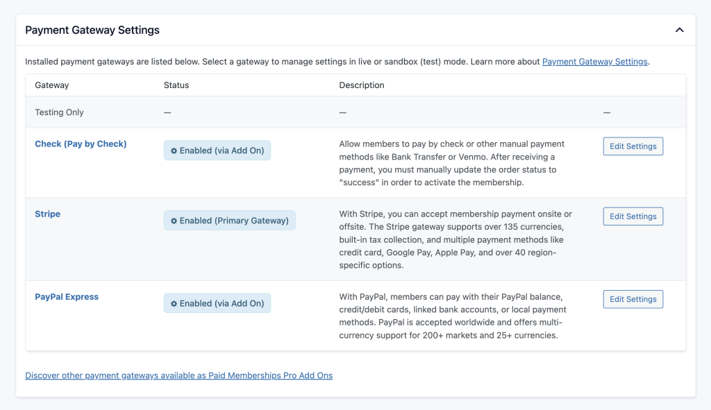 Screenshot of PMPro Payment Settings showing the Payment Gateways Section