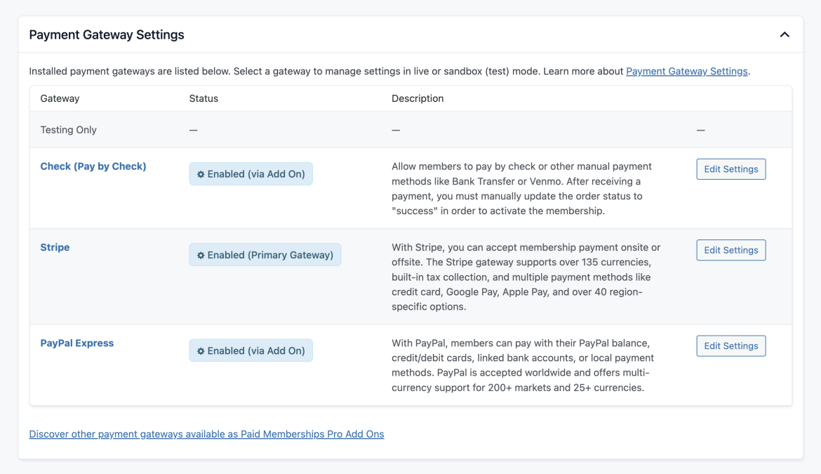 Payment Gateway Settings for Paid Memberships Pro