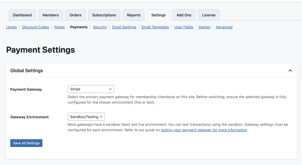 Screenshot of PMPro Payment Settings showing the Global Settings Section
