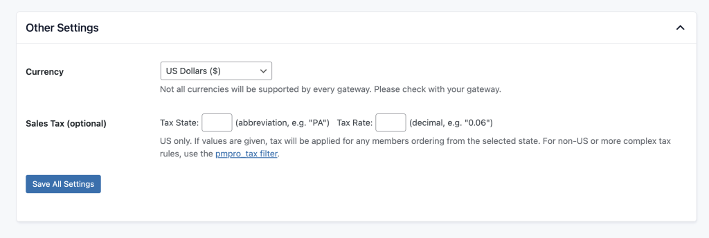Screenshot of PMPro Payment Settings showing the Other Settings Section