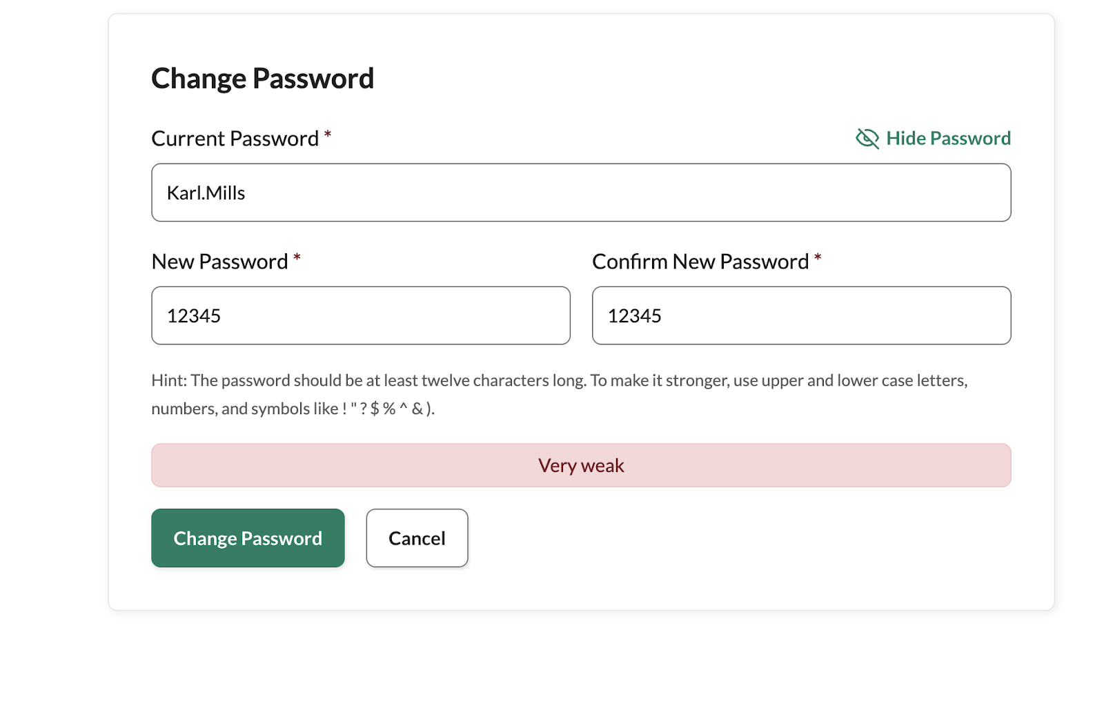 Screenshot showing minimum requirements for a password