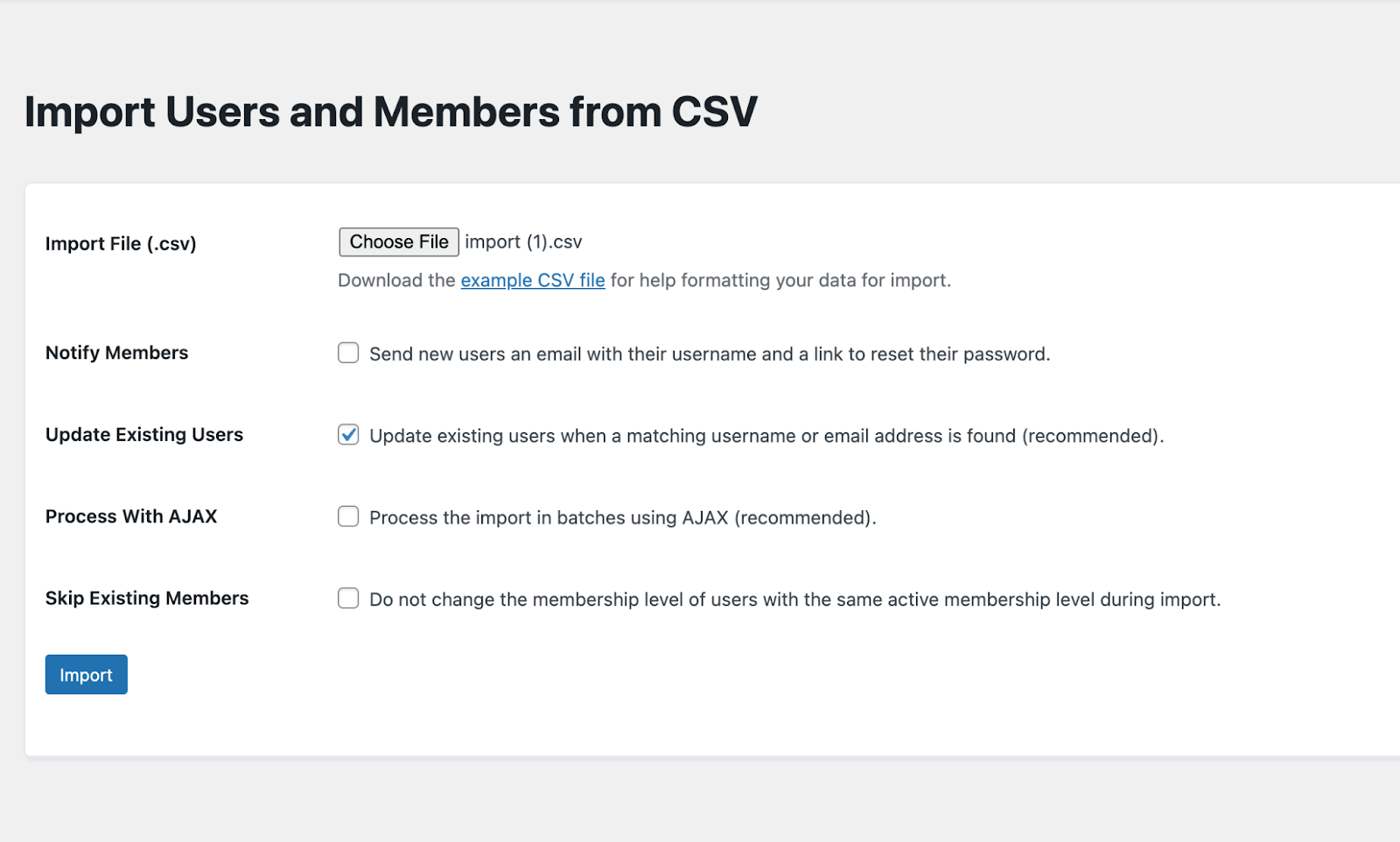 Screenshot of Import Users screen, with checkbox option to Update Existing Users