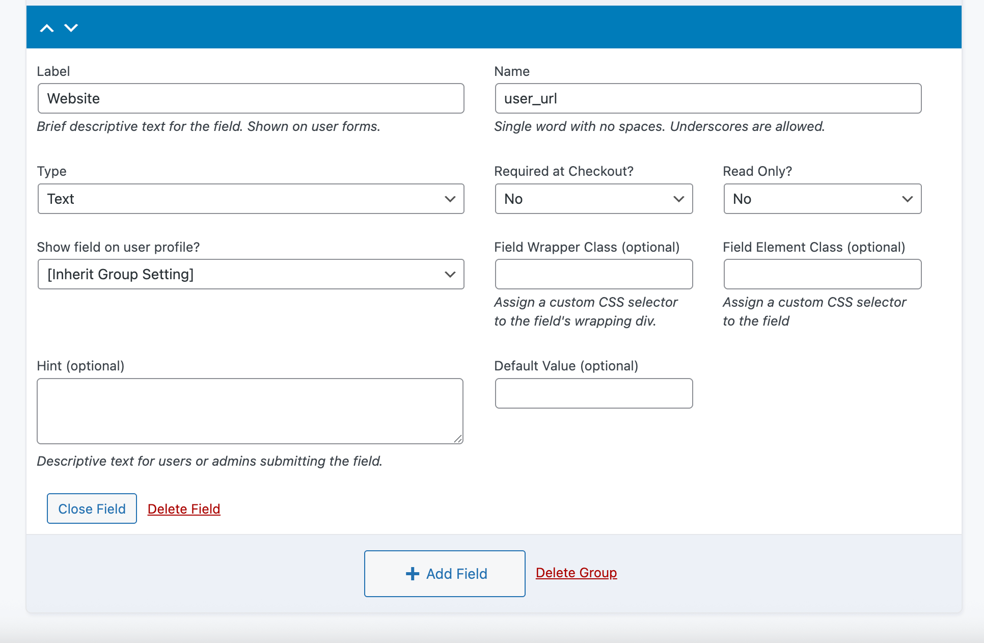 Screenshot showing new user field named 'user_url'