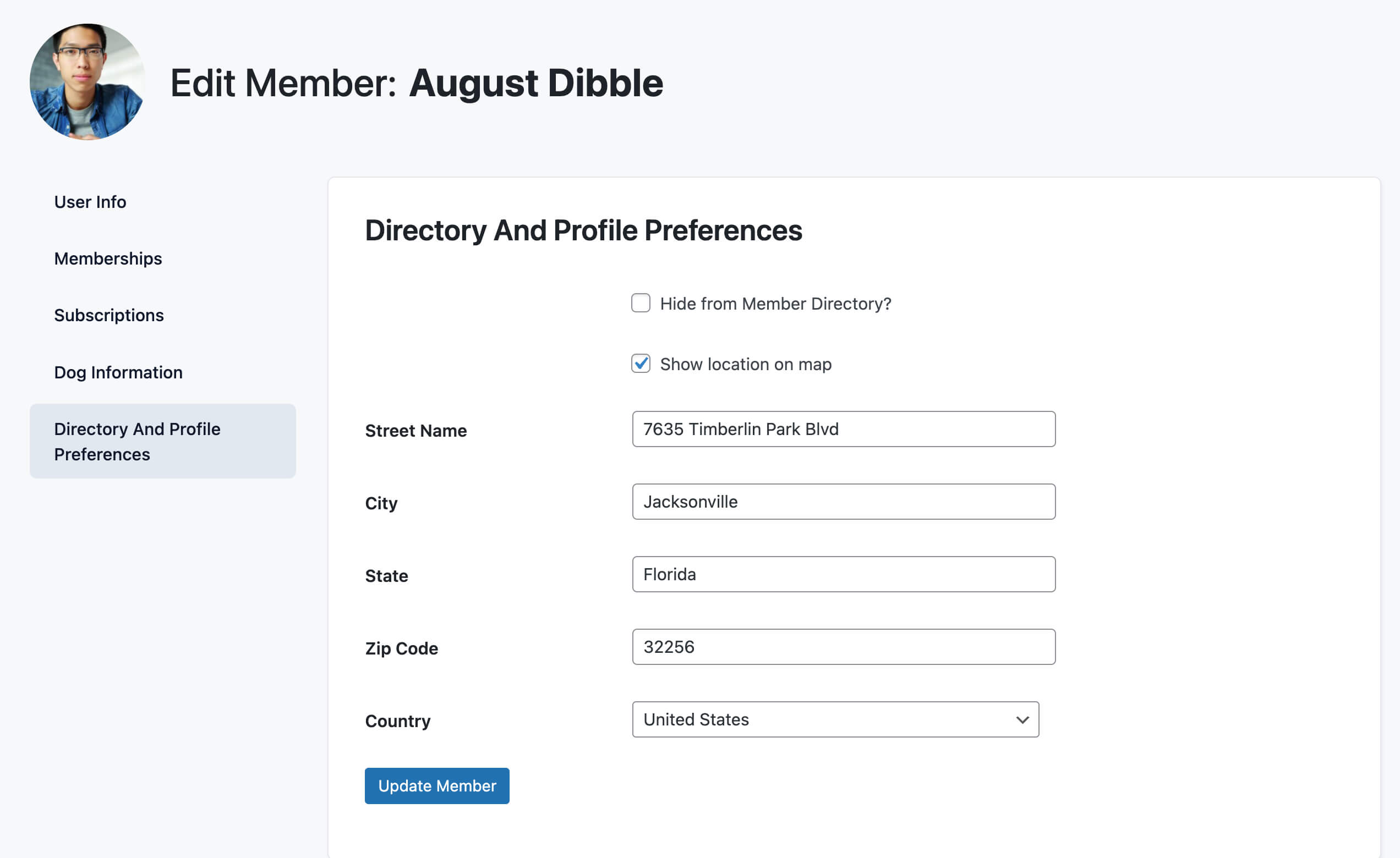Screenshot of the Member and Profile Preferences panel in the Edit Member screen in the WordPress admin
