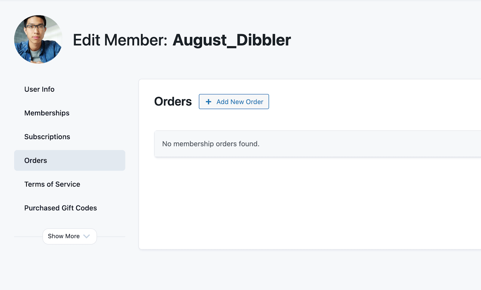 Screenshot of the Edit Member screen, with option to Add New Order