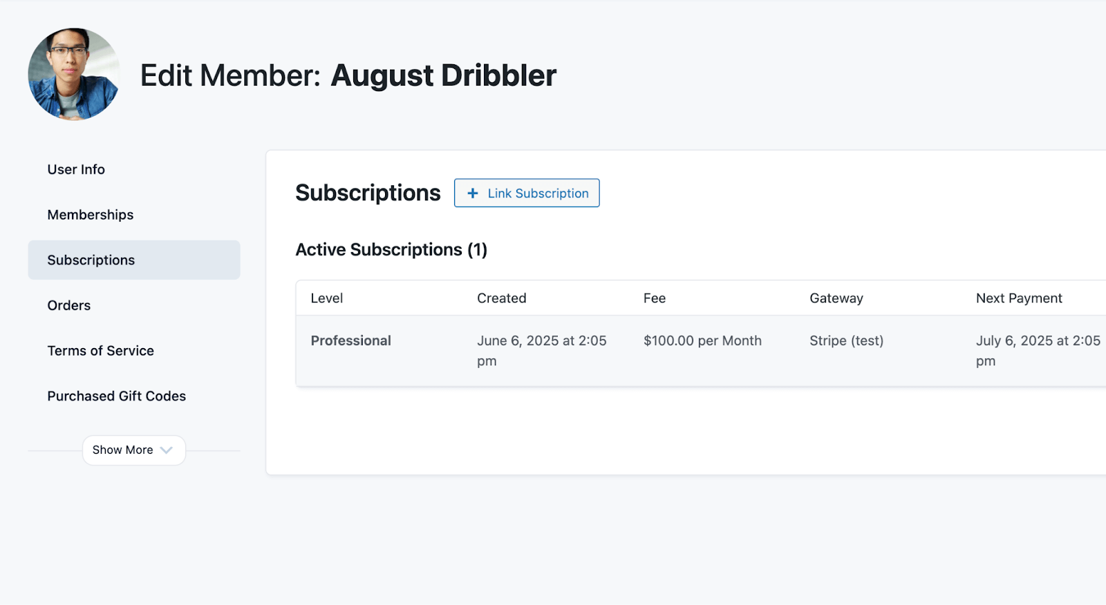 Screenshot of Edit Member screen showing Subscriptions