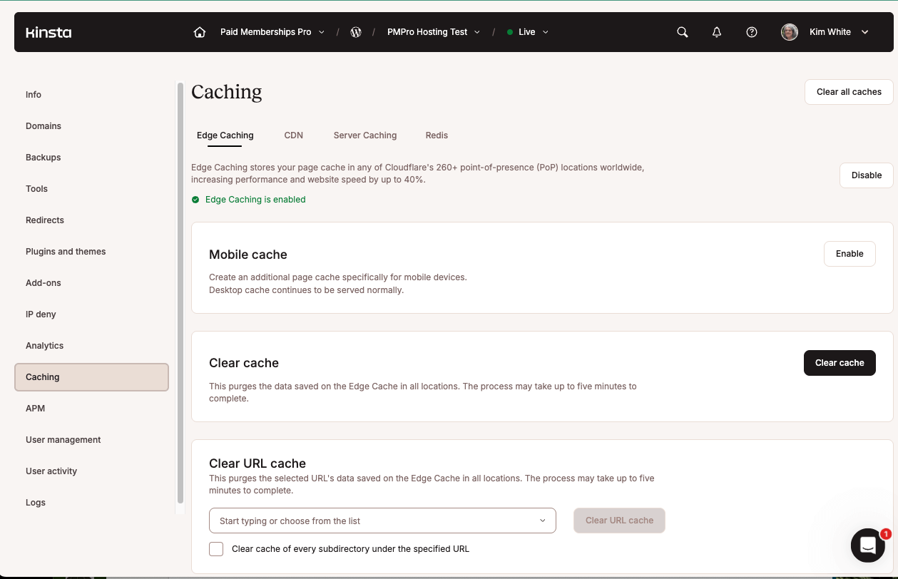 Kinsta Hosting Server Side Caching - Dashboard and Settings Screenshot