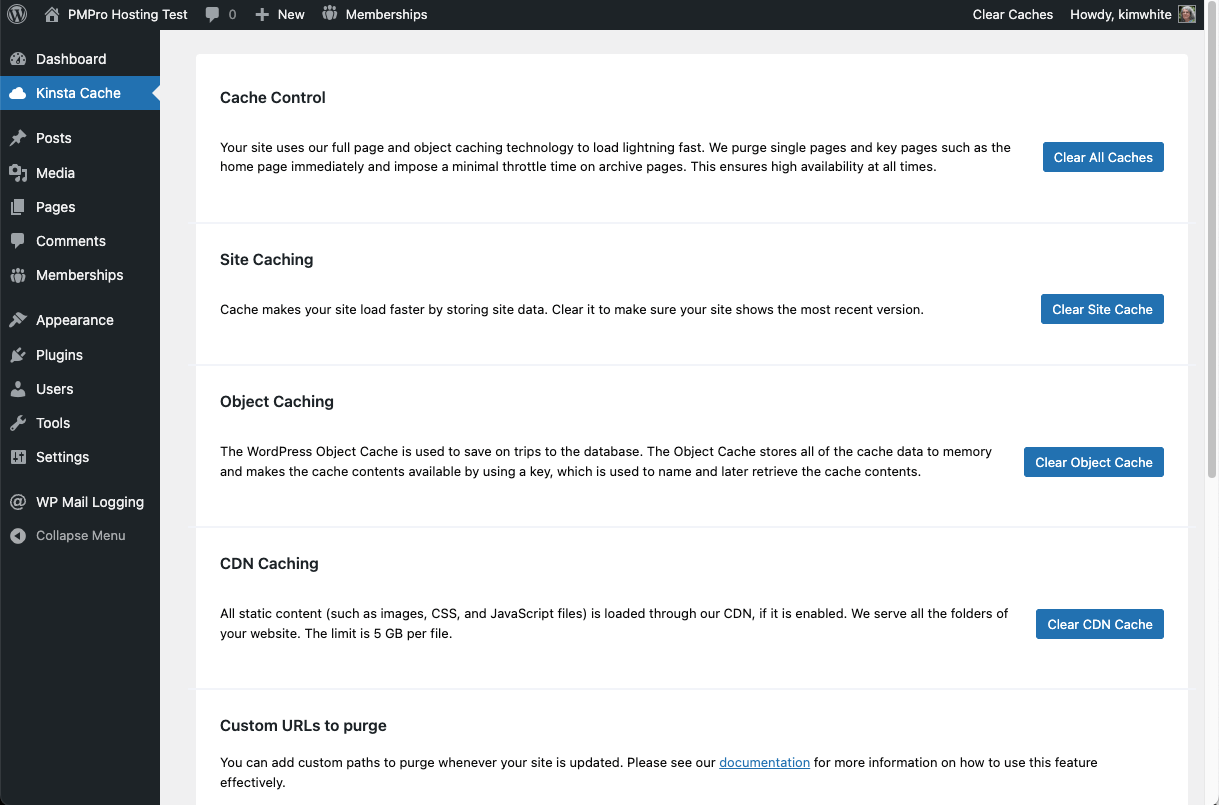 Kinsta Hosting Caching Settings in WordPress admin Screenshot