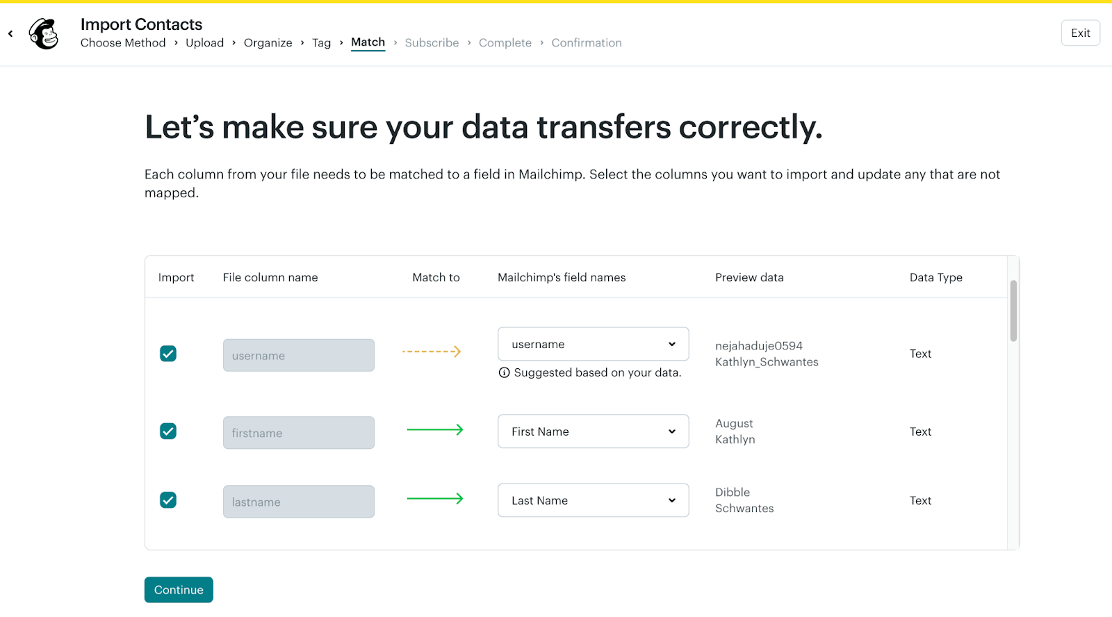 Screenshot of Import Contacts screen in Mailchimp