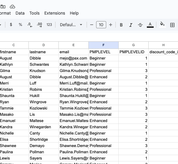 Screenshot of the PMPro members list CSV file