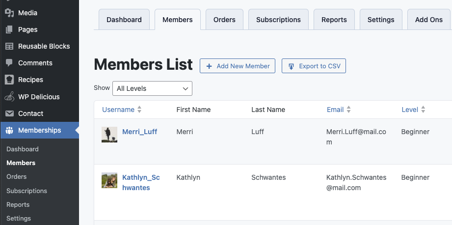 Screenshot of the members list with an option to export to CSV