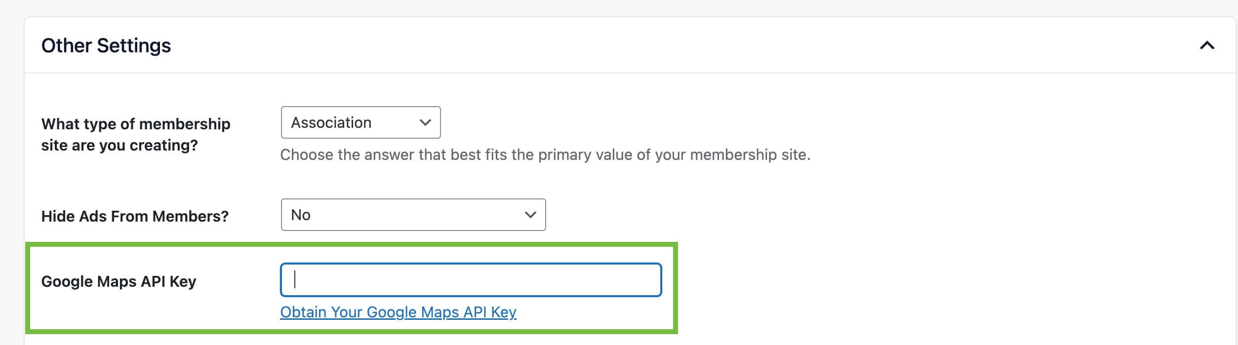 Screenshot of the PMPro Advanced Other Settings highlighting the Google Maps API Key field