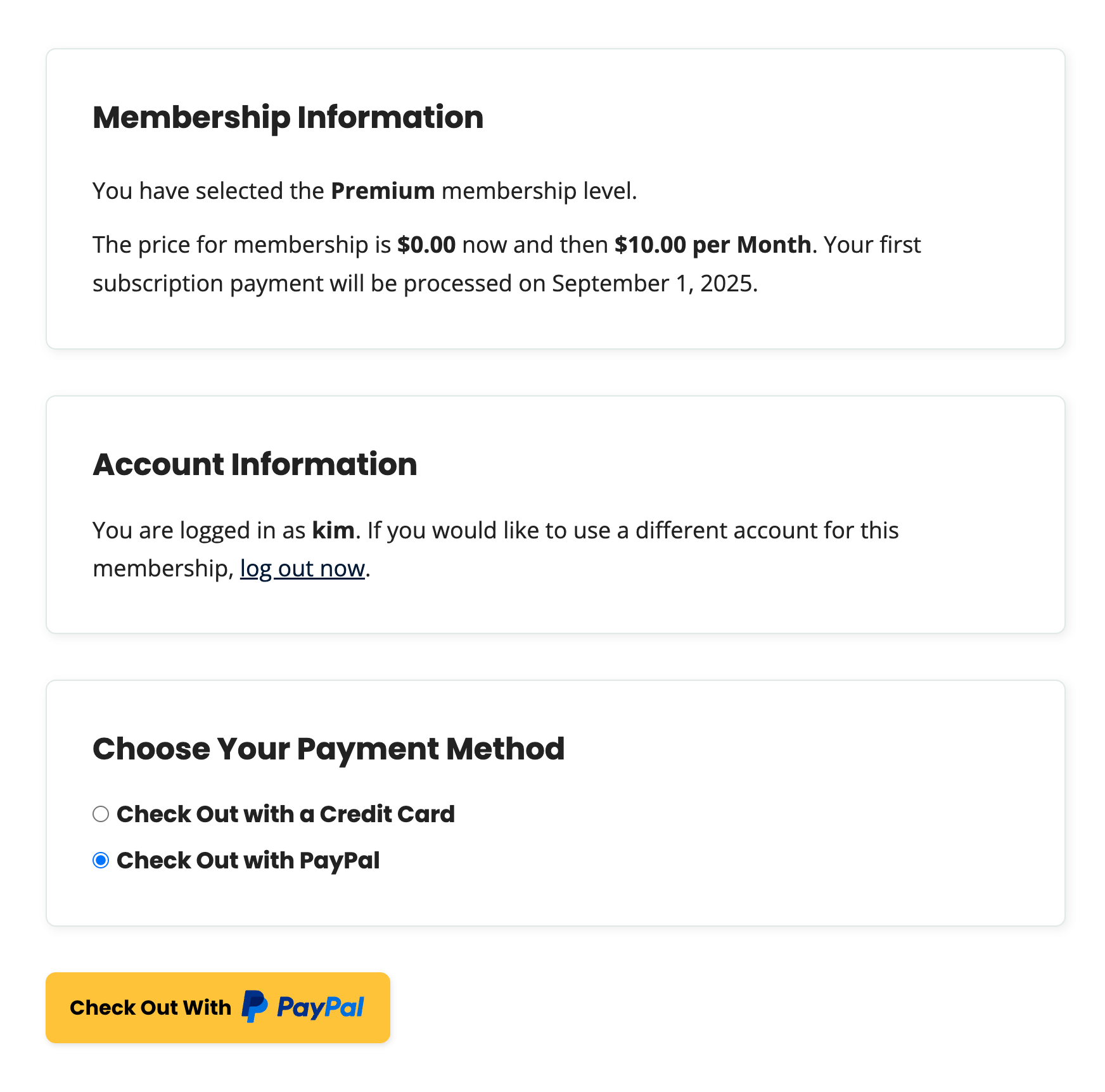 Membership Checkout page showing pay $0 now then subscription starts on current next payment date so members can change how they pay you