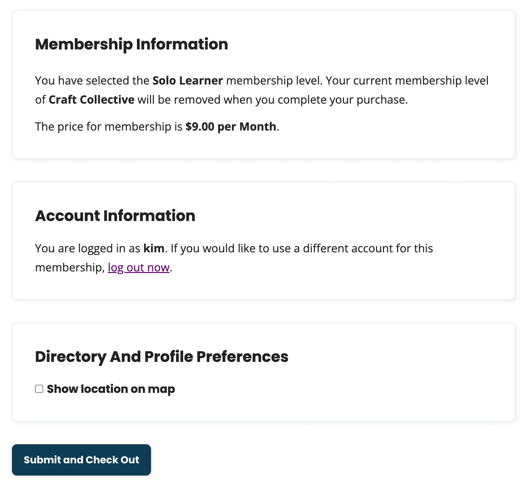 Screenshot of the Membership Checkout page with Member Map fields visible