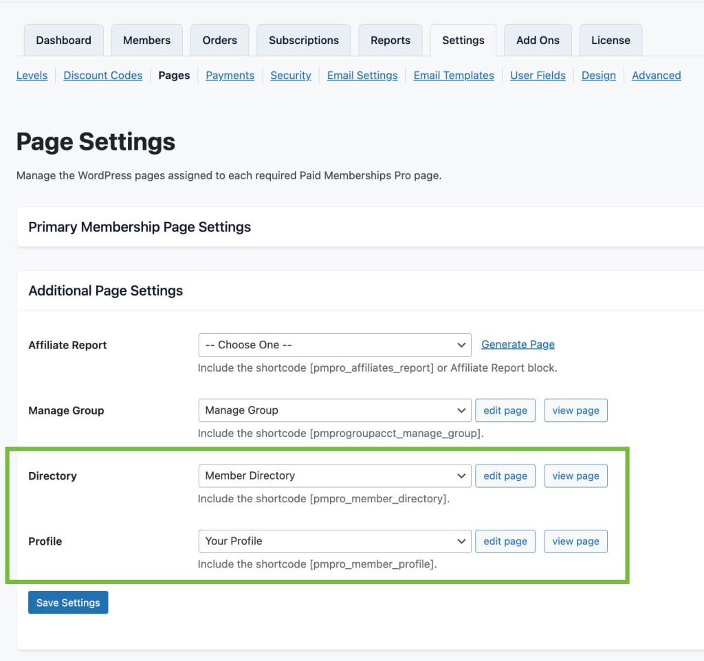 Screenshot of the PMPro Pages Settings in the WordPress Admin