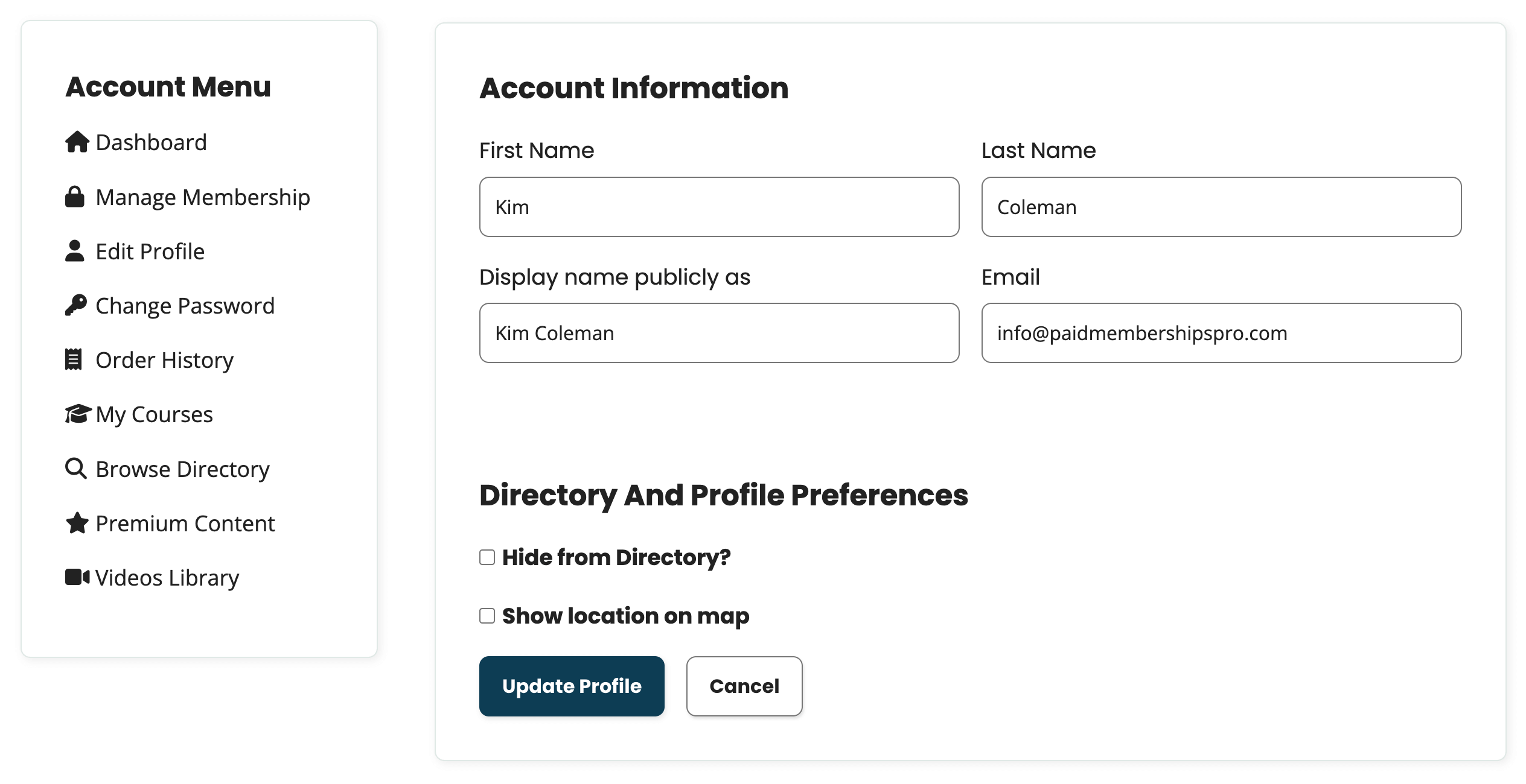 Screenshot of the Frontend Member Profile Edit page with Directory opt-in and Member Map fields shown