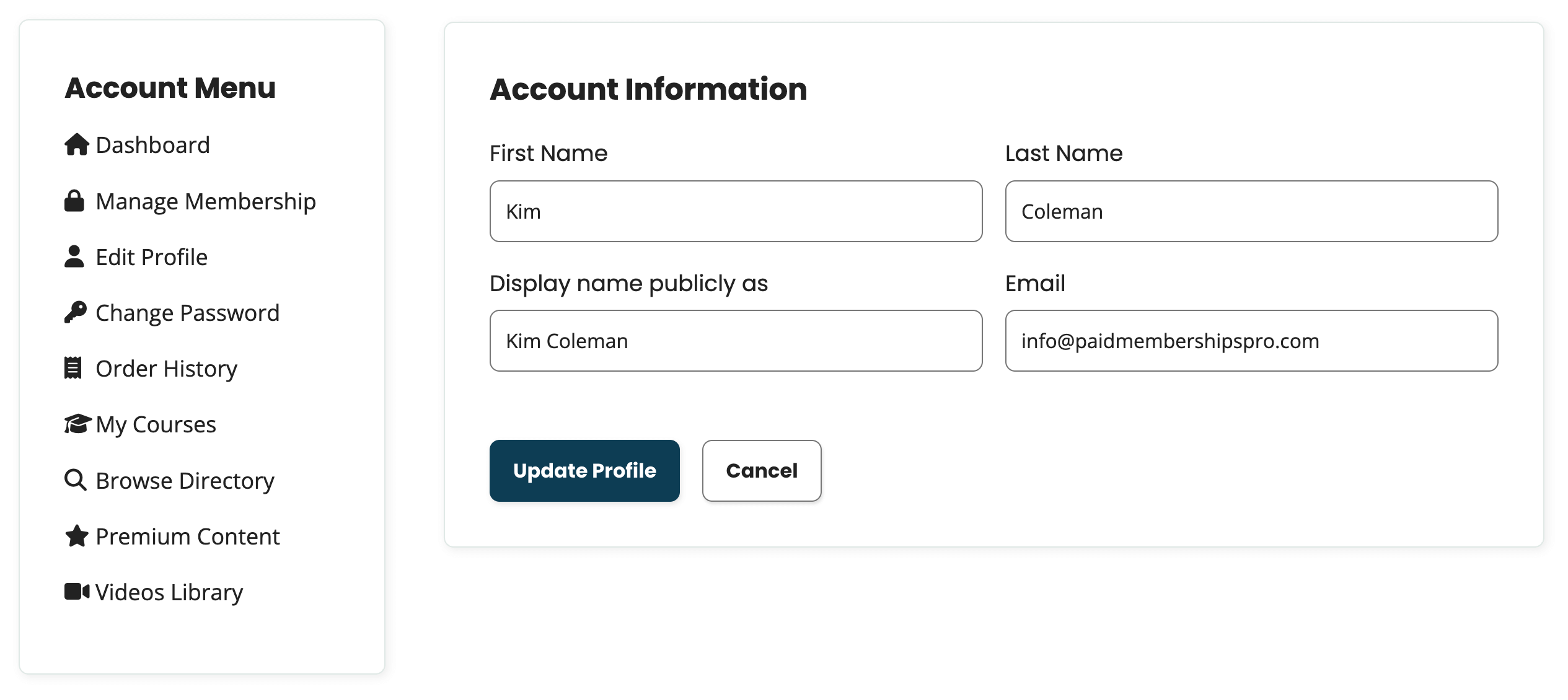 Screenshot of the Frontend Member Profile Edit page with no directory fields visible
