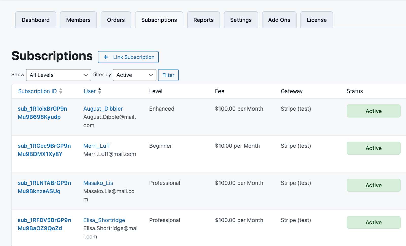 Screenshot of Memberships > Subscriptions