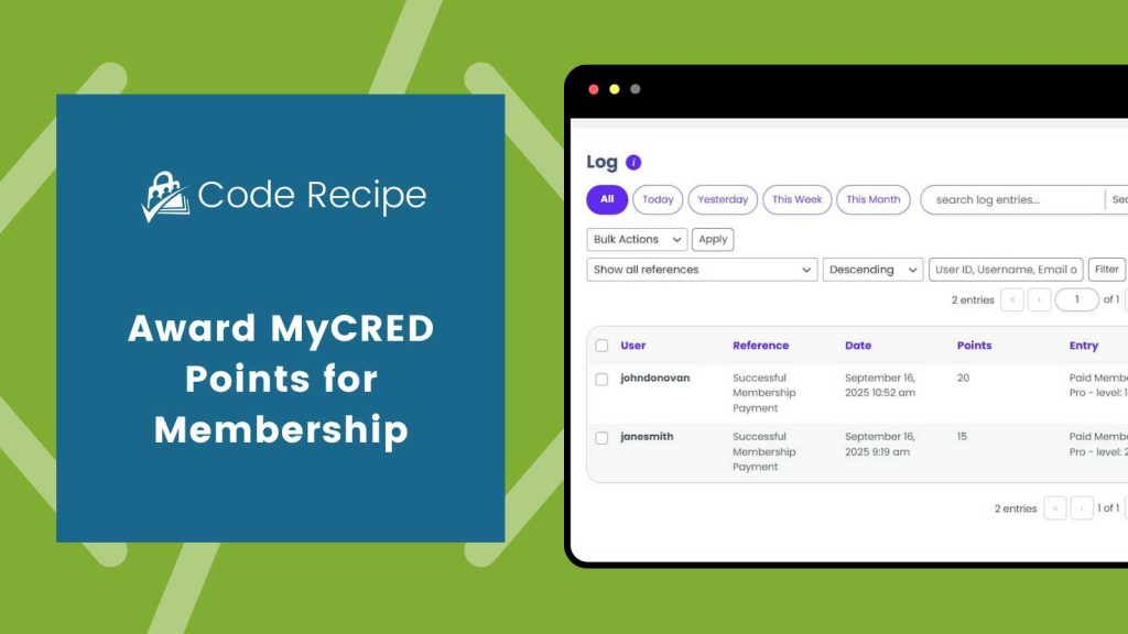 Featured image for code recipe on award MyCRED points