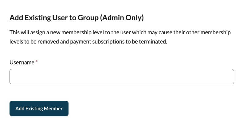 Screenshot of the Add User to Group option for admin on the Manage Group page
