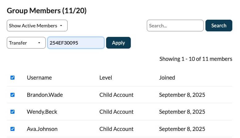 Screenshot of the Transfer group account process