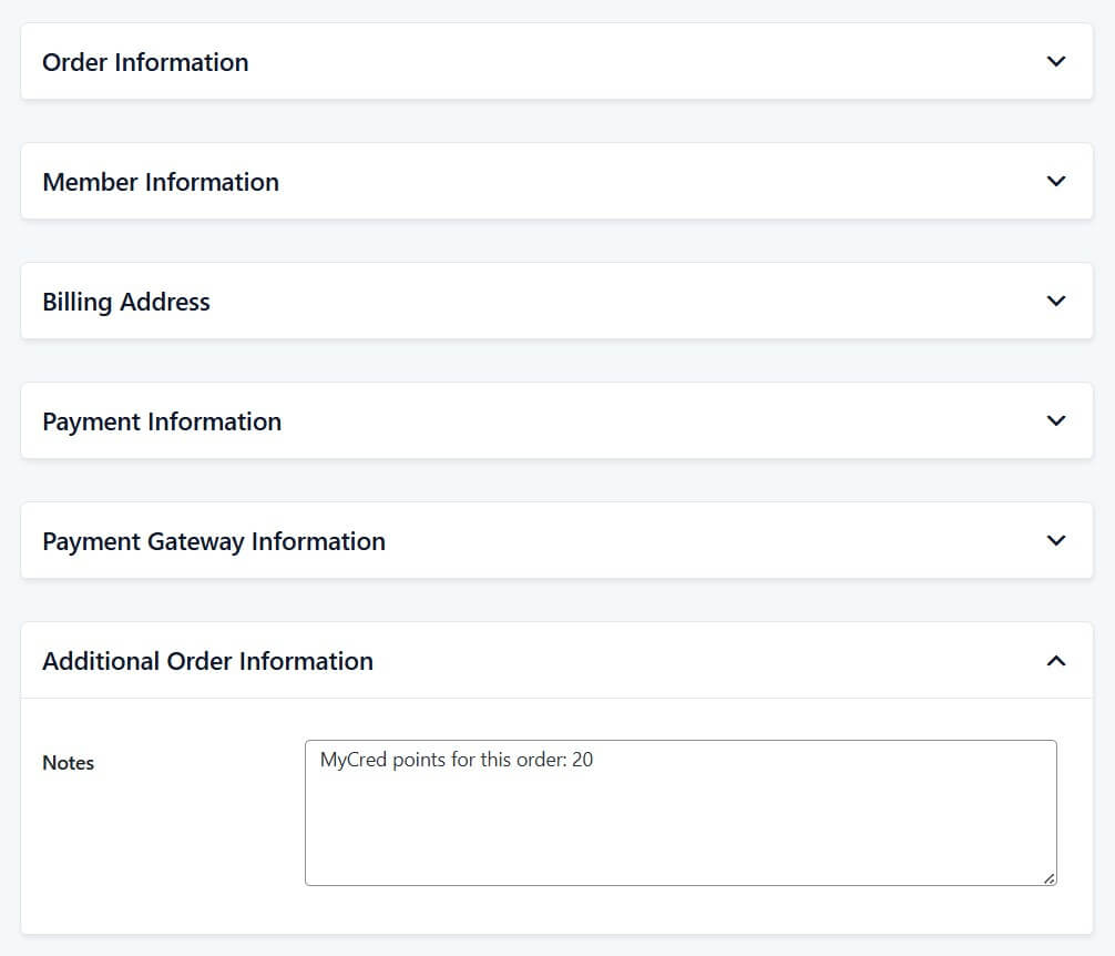 Screenshot of PMPro order notes detailing MyCred points