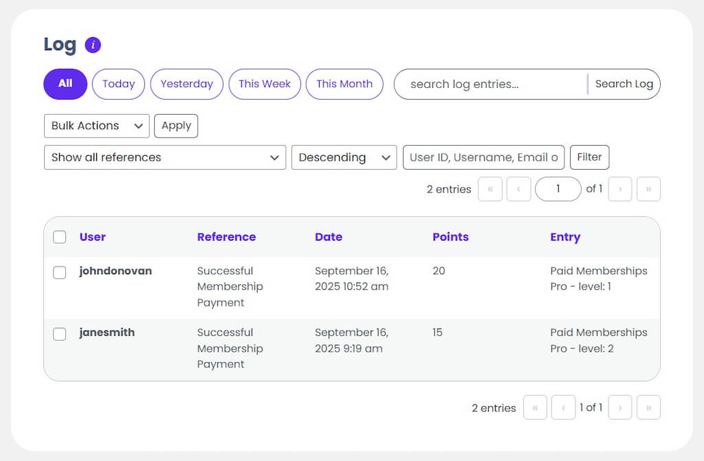Screenshot of myCred account showing points awarded