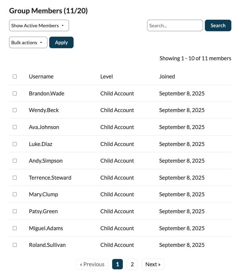 Screenshot of the options group leaders have to manage their group account and members