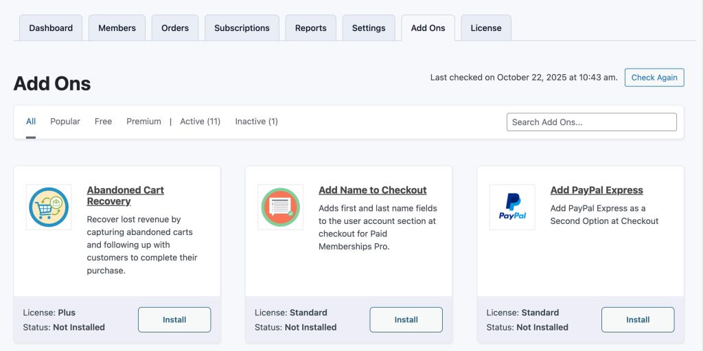 Screenshot of the Add On page in the Paid Memberships Pro admin of a WordPress site