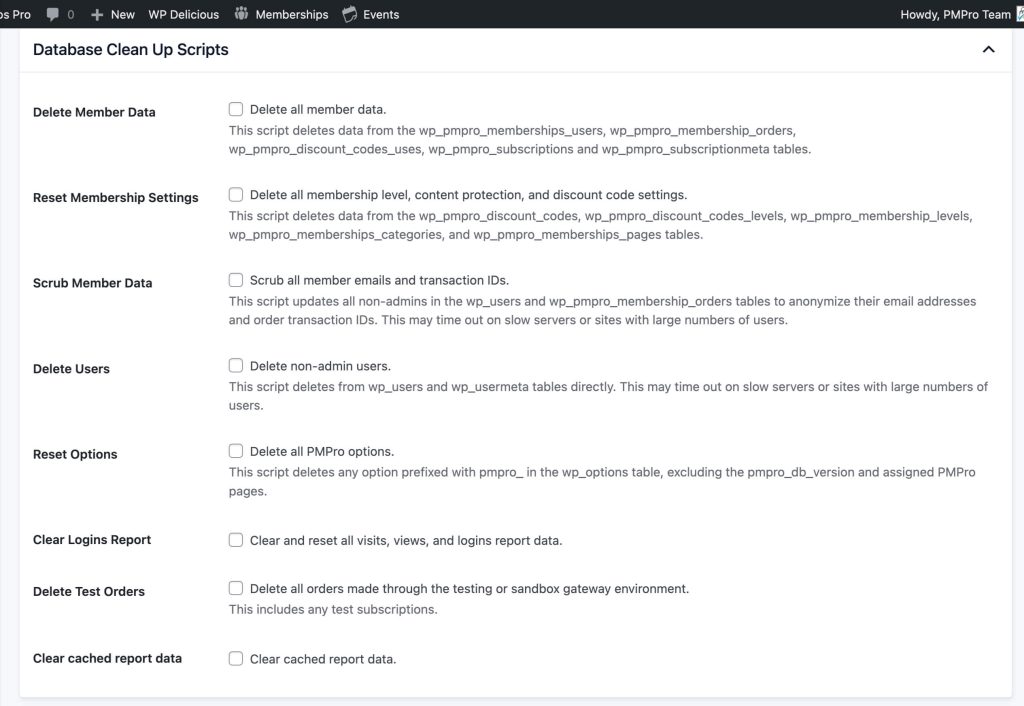Screenshot of the Database Clean Up Script section in the Database Script tab