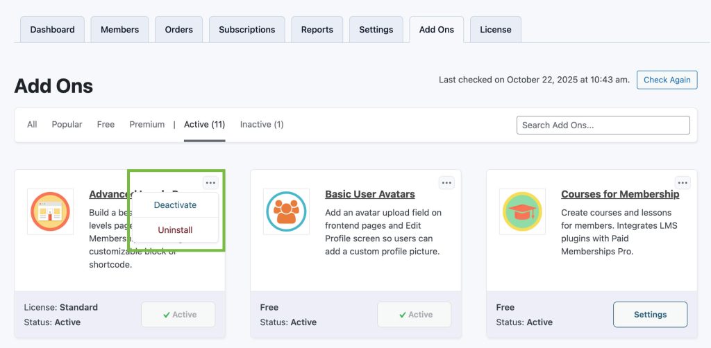 Screenshot highlighting the options to deactivate or uninstall Add Ons from the Memberships > Add On screen in the WordPress admin