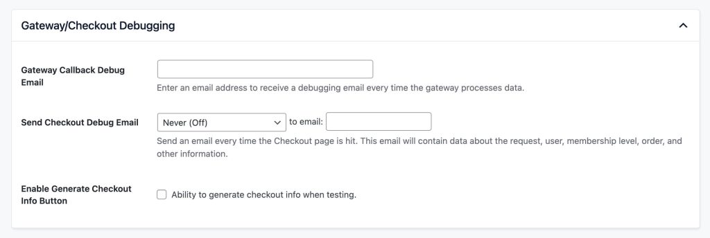 Screenshot of the Gateway/Checkout Debugging section in Toolkit Options