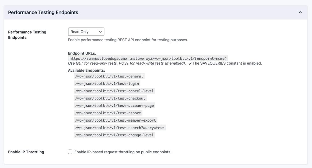 Screenshot of the Performance Testing Endpoints section in Toolkit Options