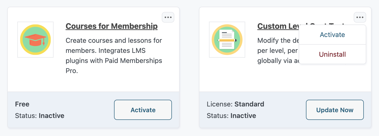 Screenshot of the Add Ons list in the Paid Memberships Pro admin showing actions to update, activate, and uninstall a single Add On