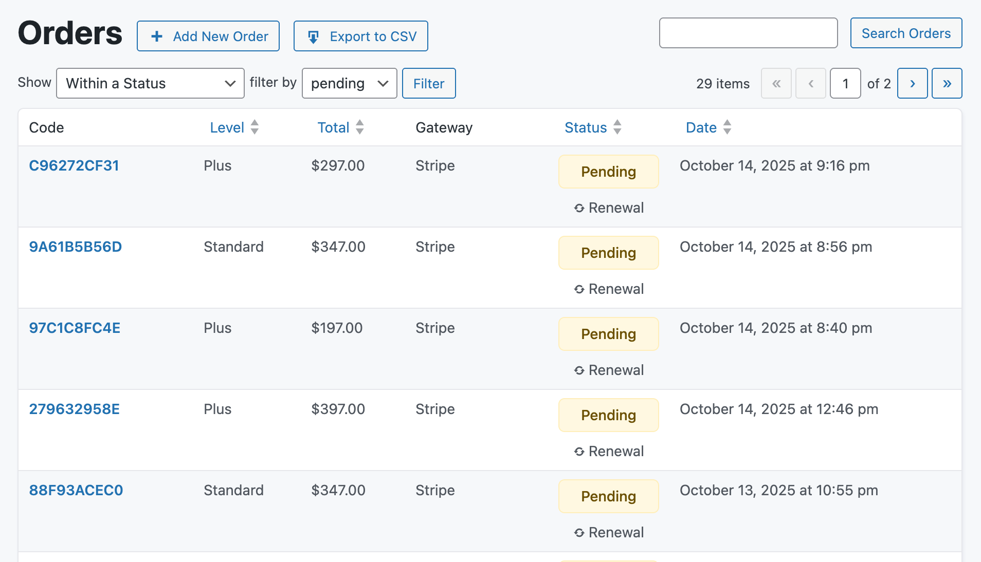 Screenshot of Orders screen in the admin area of Paid Memberships Pro with Pending order status for past due subscription orders