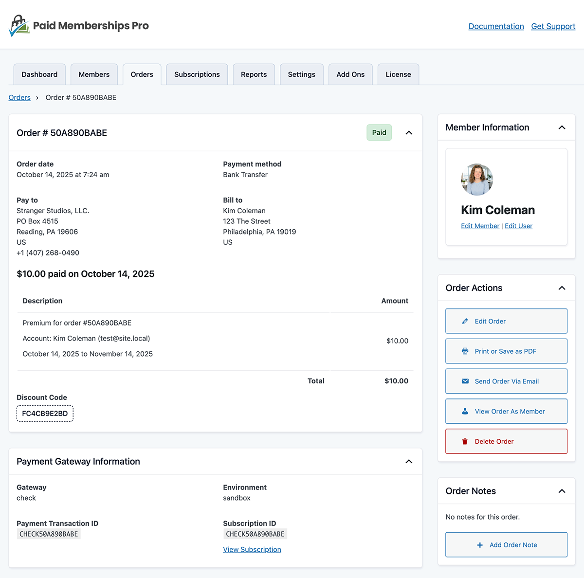 Screenshot of View Order screen in the admin area of Paid Memberships Pro