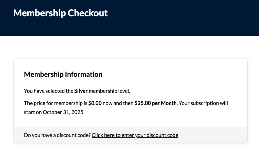 Paid Memberships Pro checkout screen showing a Silver membership with $0.00 due today and recurring payments of $25 per month beginning October 31, 2025, demonstrating how to delay recurring billing until a member’s current term expires.