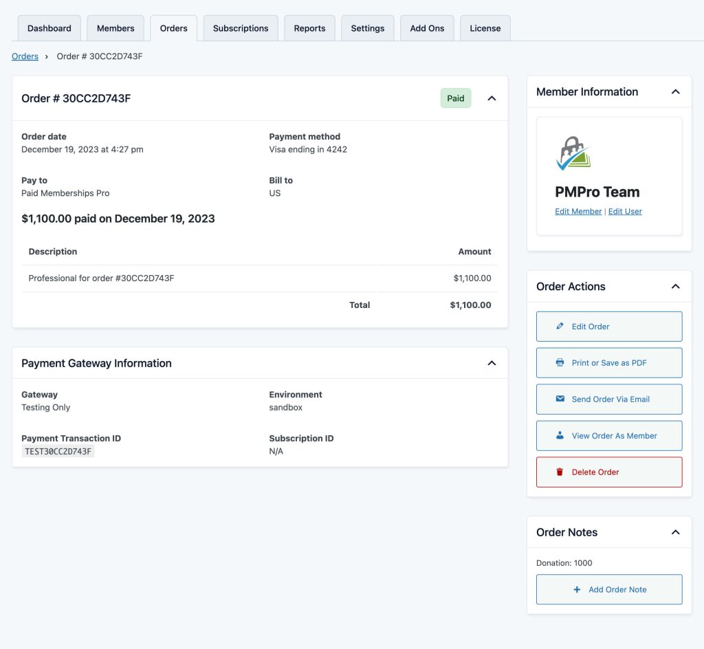 Screenshot of the View Order screen in the Memberships Admin