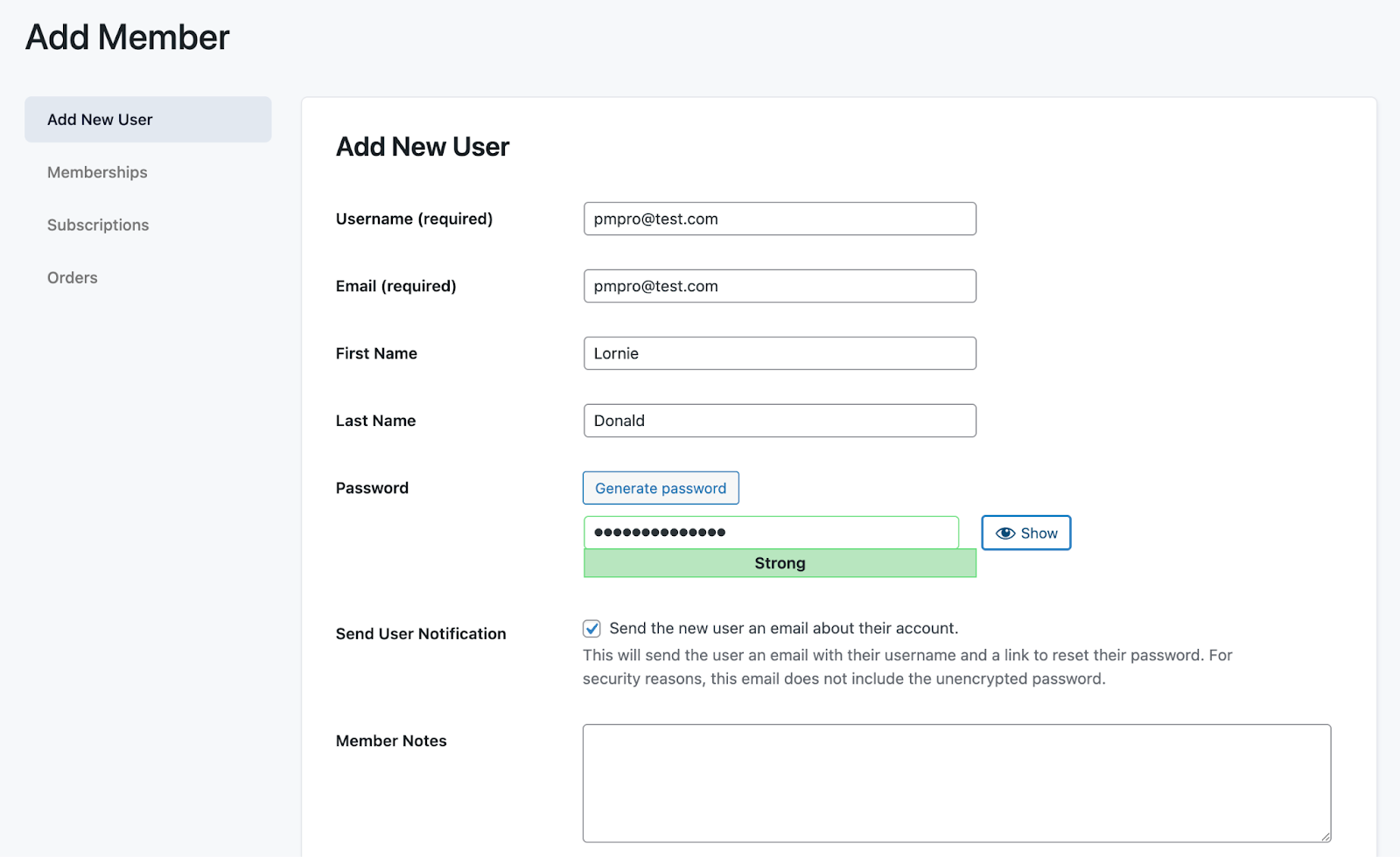 Add Member screen in Paid Memberships Pro with an admin entering user details and generating a password.